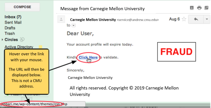 Fraud email from CMU, full URL is in the bottom left corner when the mouse cursor hovers over the link