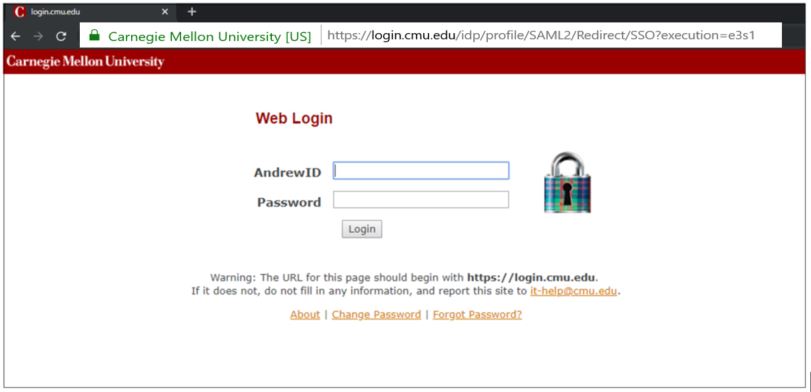CMU andrew account login screen beginning with https://login.cmu.edu