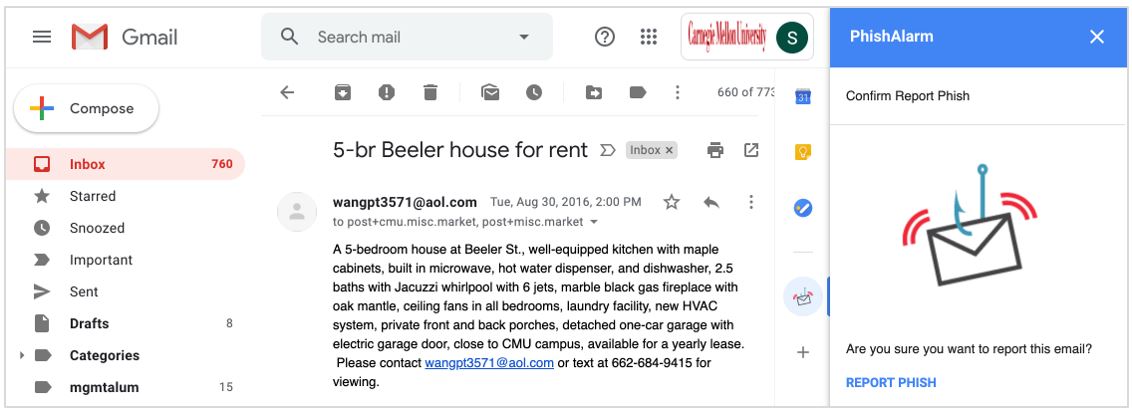 Screenshot of Gmail inbox showing the PhishAlarm button on the right-side panel