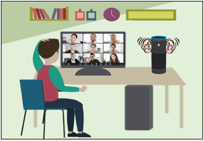 Man on video conference with smart assistant listening to his call