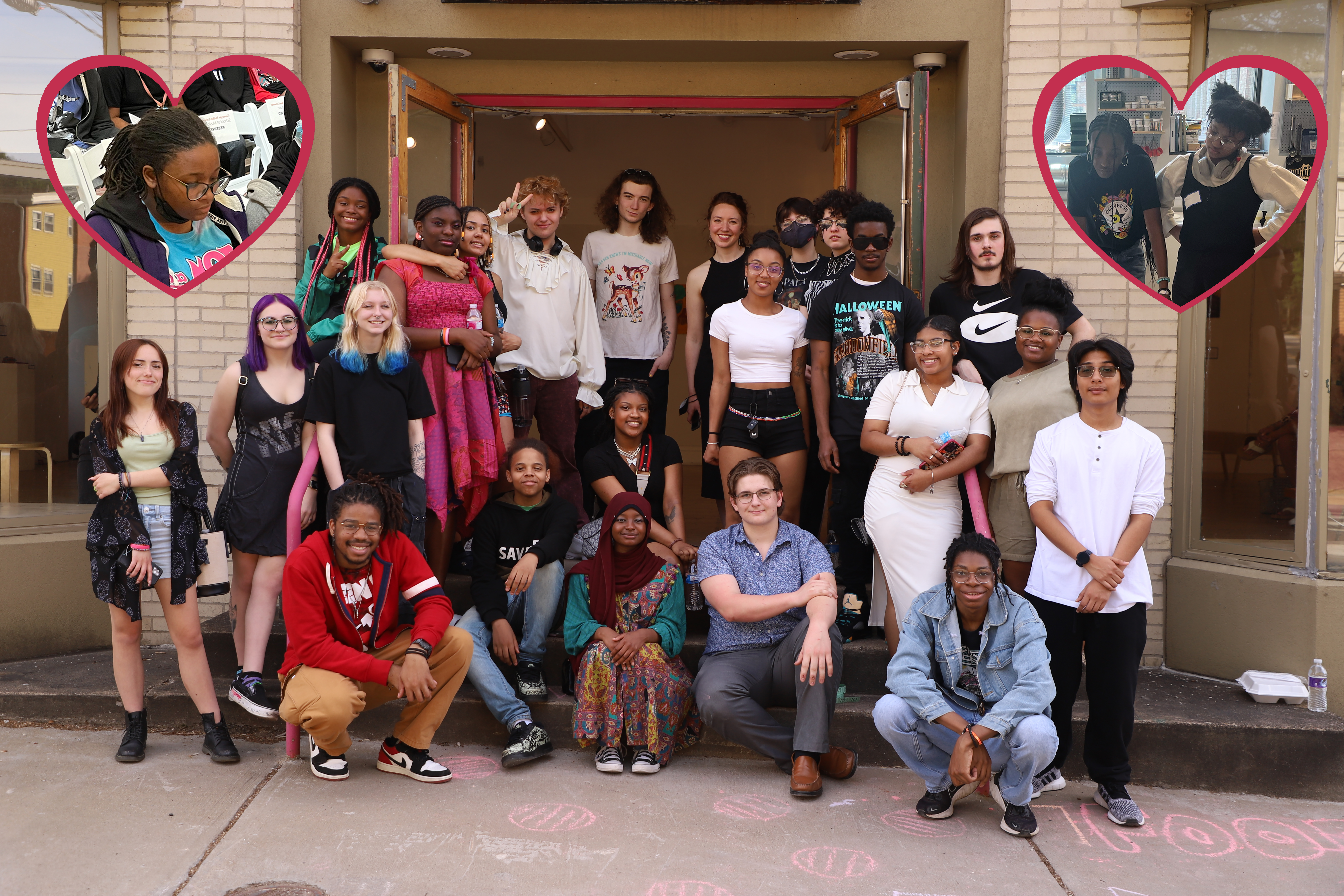 LEAP students and their teacher posing in front of The Frame Gallery during the 2023 Showcase celebration