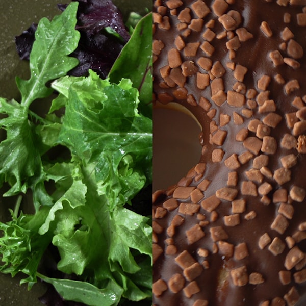 side-by-side visual of salad and a doughnut, juxtaposed to to demonstrate behavioral economics