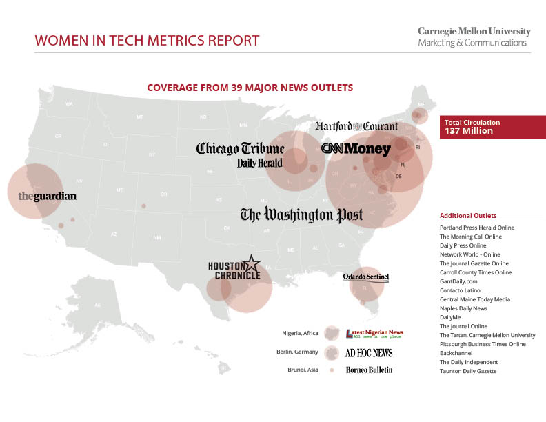 map of media concentrations for Women in STEM story coverage