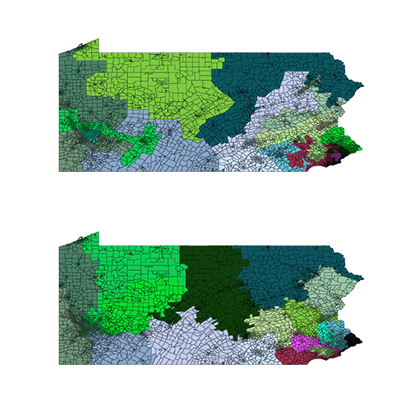 Top: The current congressional district map of Pennsylvania. Bottom: Districting map produced after 2^40 random steps of the Markov chain.