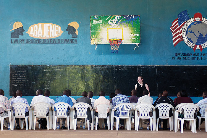 photo of Michelle Ntampaka in a Rwandan classroom