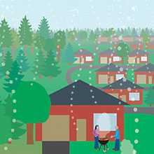 illustration of neighborhood, forest and air particles