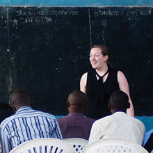 photo of Michelle Ntampaka in a Rwandan classroom