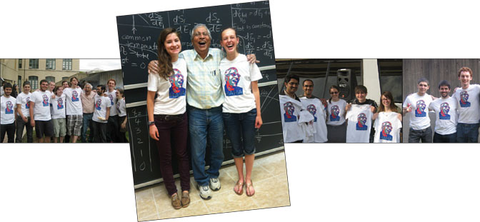 Kunal Ghosh with students wearing t-shirt featuring his likeness