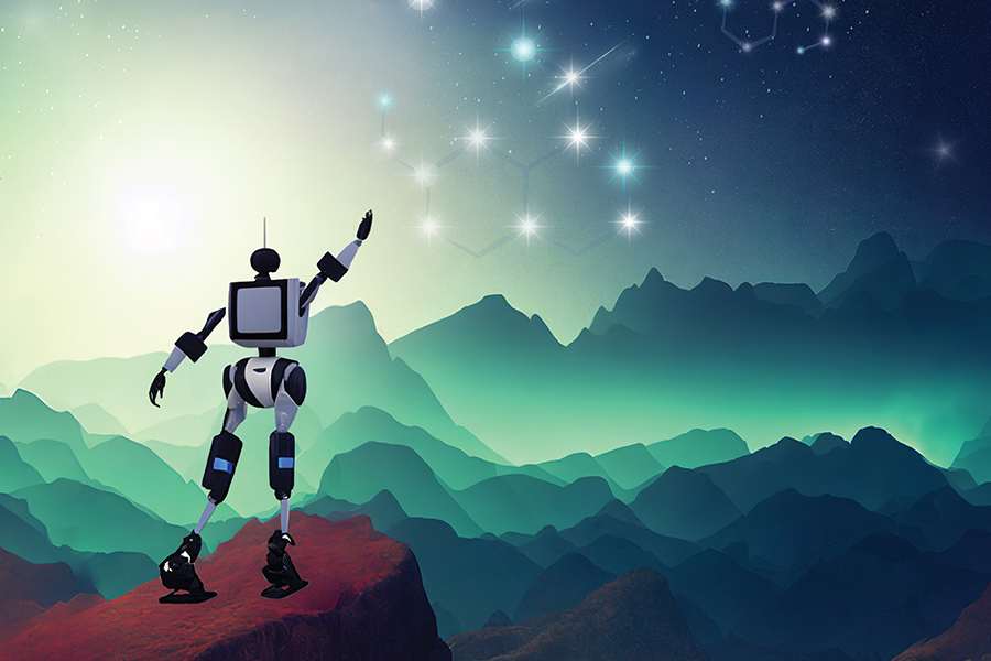 Illustration of a humanoid robot reaching for stars