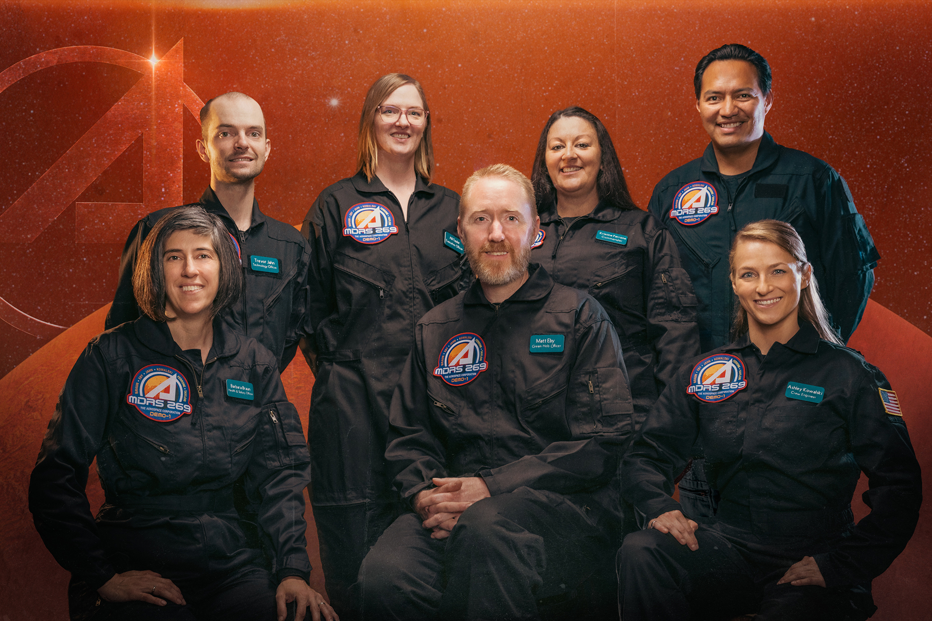 Seven people pose in space jumpsuits