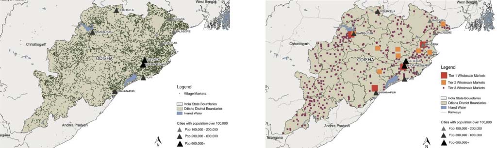 Village market locations (left) and wholesale market locations (right) in the Indian state of Odisha