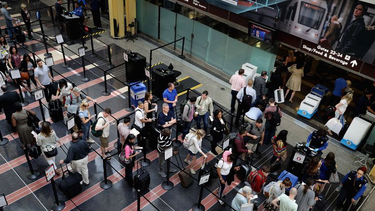 Line at airport security checkpoint 