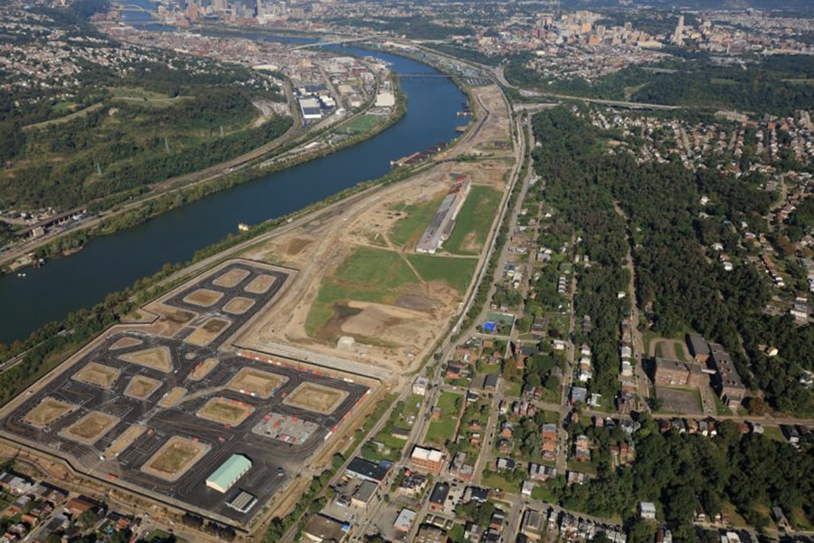 aerial view of Almono region in Pittsburgh