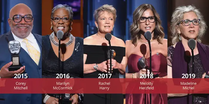 left to right the first five winners of the Excellence in Theatre Education Award