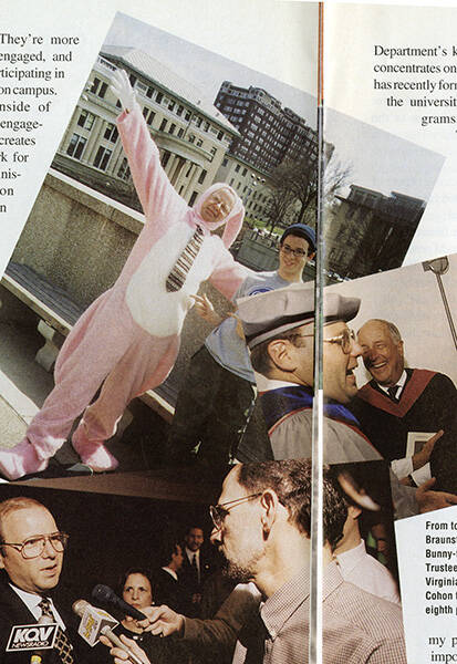 A scan of a Carnegie Mellon Magazine from 2002 with a picture of Jared Cohon in a bunny suit.