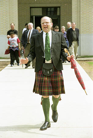 Jared Cohon sporting a traditional Scottish kilt.