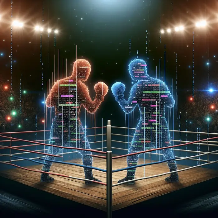 Two boxers made up of computer code stand ready to fight in a boxing ring