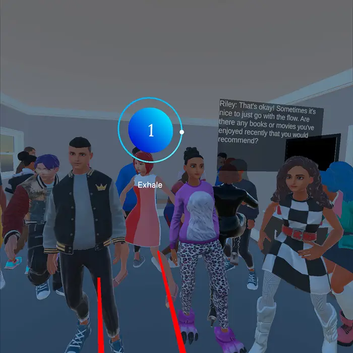 Virtual reality rendering of a party with multiple people and text on the screen prompting a breathing exercise.