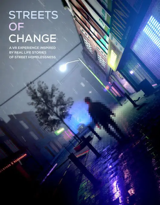 "Streets of Change" poster showing someone walking down a rainy street with colored lights on the buildings