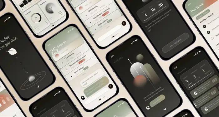 Phone screens displaying an app. 