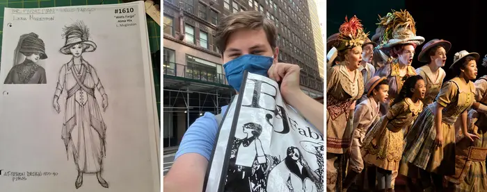 A triptych featuring a playbill, Evan Riley and a performance of the show