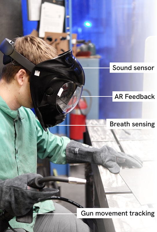 A photo of a boy using a welding torch with text pointing to the sound sensor, AR feedback, breath sensing and gun movement tracking