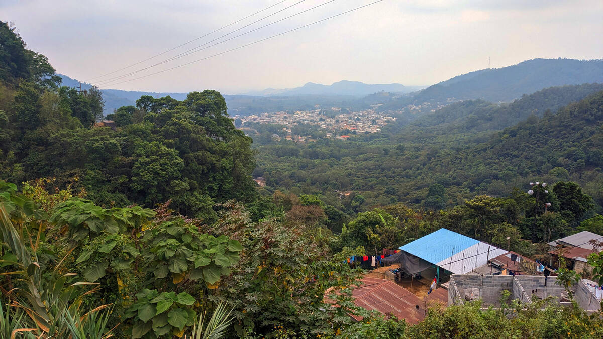 View of Guatemala hills with small building in foreground