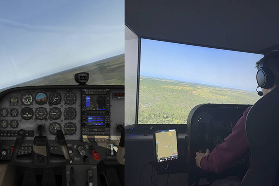 A diptych showing a piloted and unmanned cockpit simulation