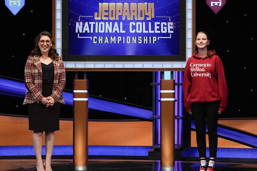 Kristin Donegan on the Jeopardy! set with host Mayim Bialik. Photo courtesy of Jeopardy Productions, Inc.