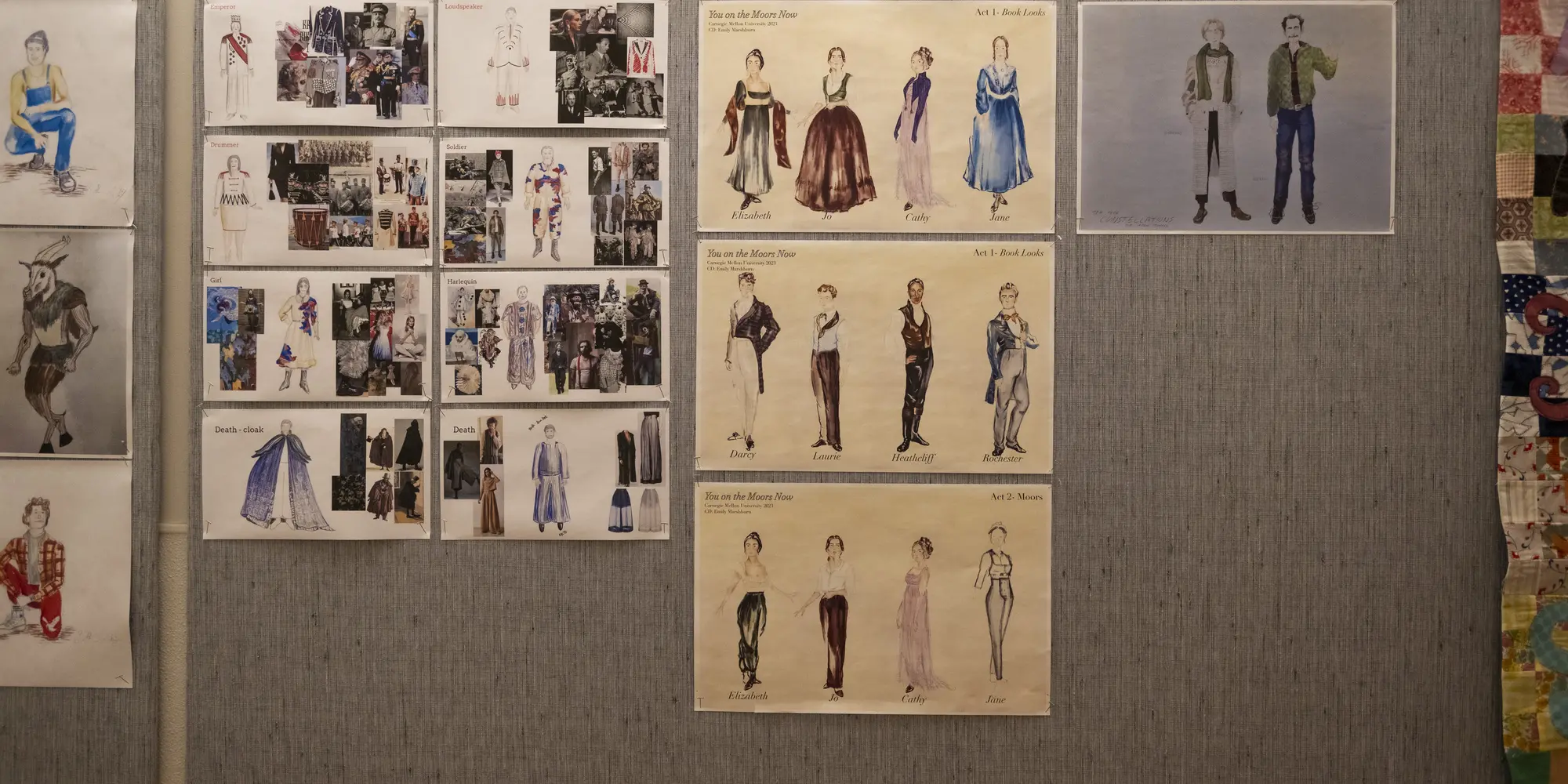 costume sketches pinned to bulletin board