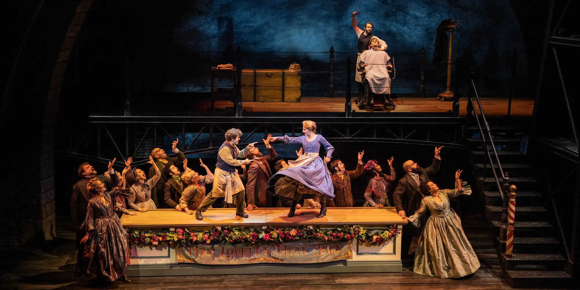 Gaten Matarazzo_ Annaleigh Ashford_ Josh Groban_ Nathan Salstone and the company of the 2023 Broadway production of "Sweeney Todd." Photo by Matthew Murphy and Evan Zimmerman