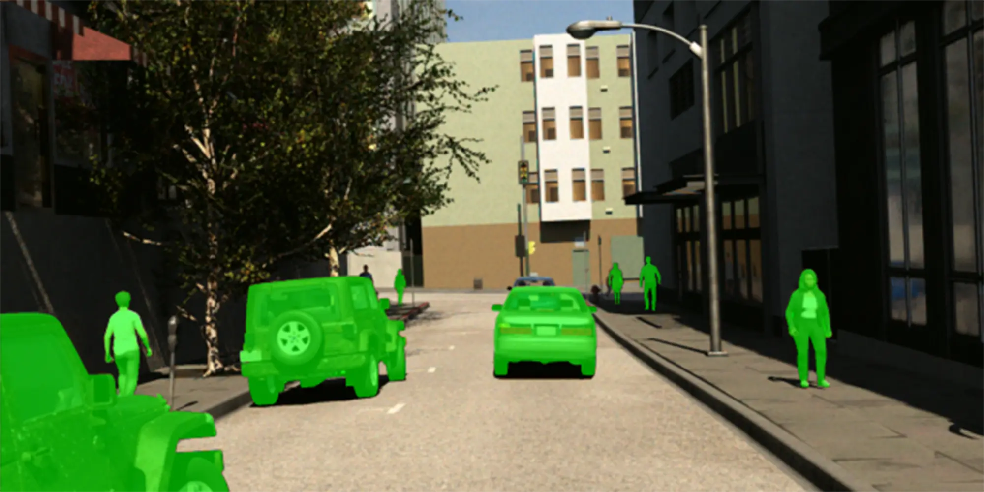 view looking downstreet as cars and pedestrians are glowing green
