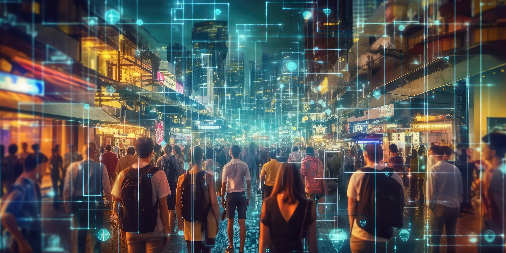 view from behind a group of people walking on a well lit city street at night 