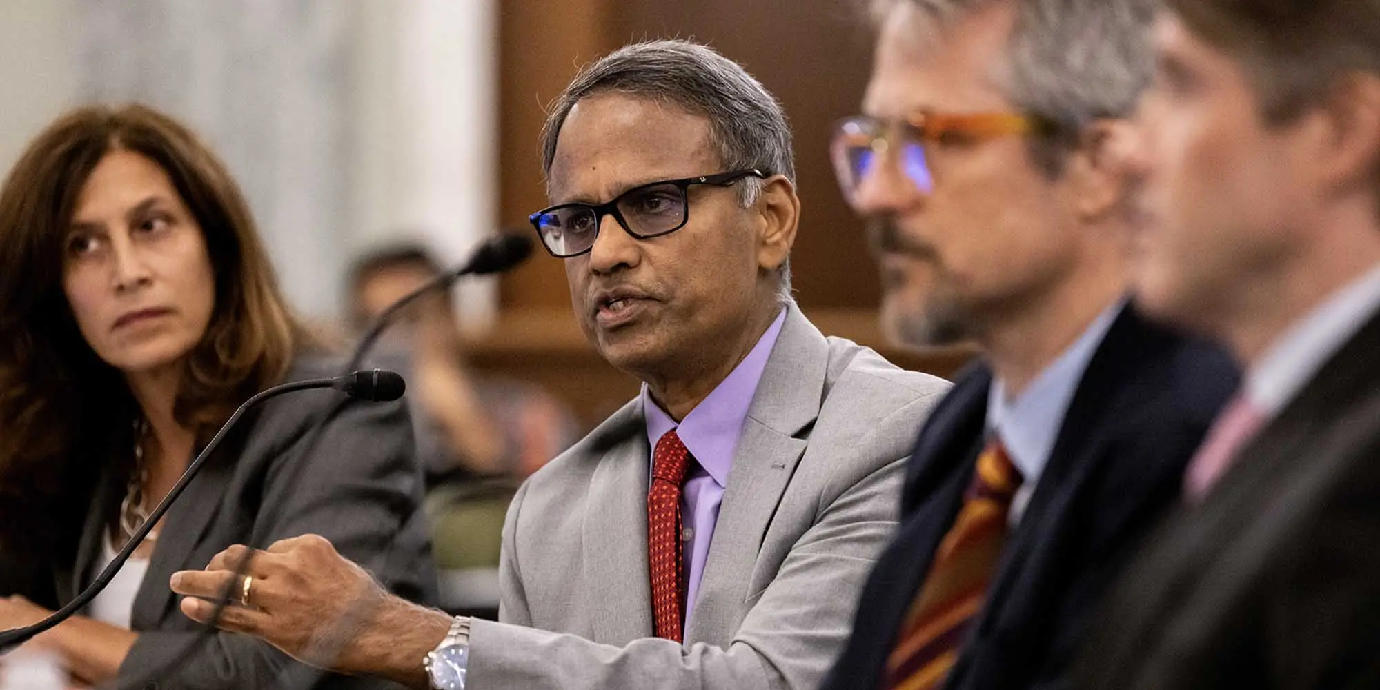 Dean Krishnan testifies during a senate hearing.