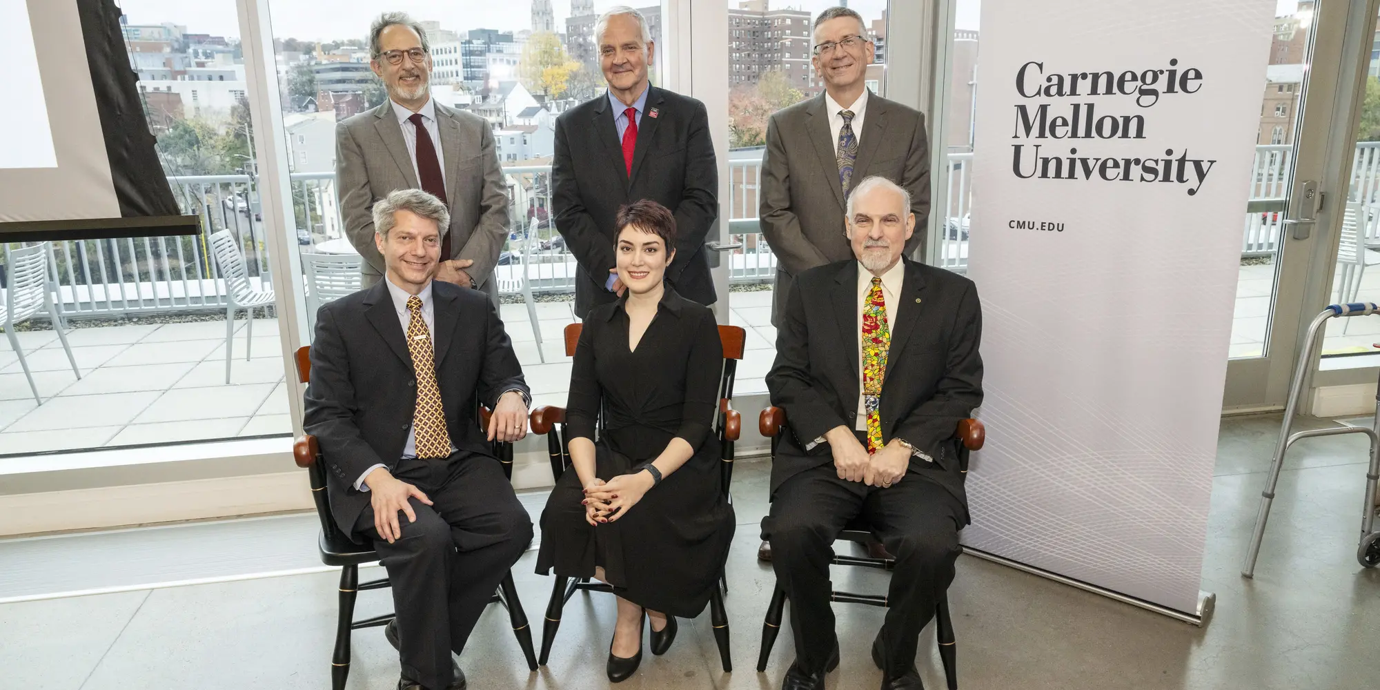 Front row, left to right: Alex John London, Hoda Heidari and Brad Myers. Top row, left to right: Richard Scheines, Martial Hebert and Jim Garrett.