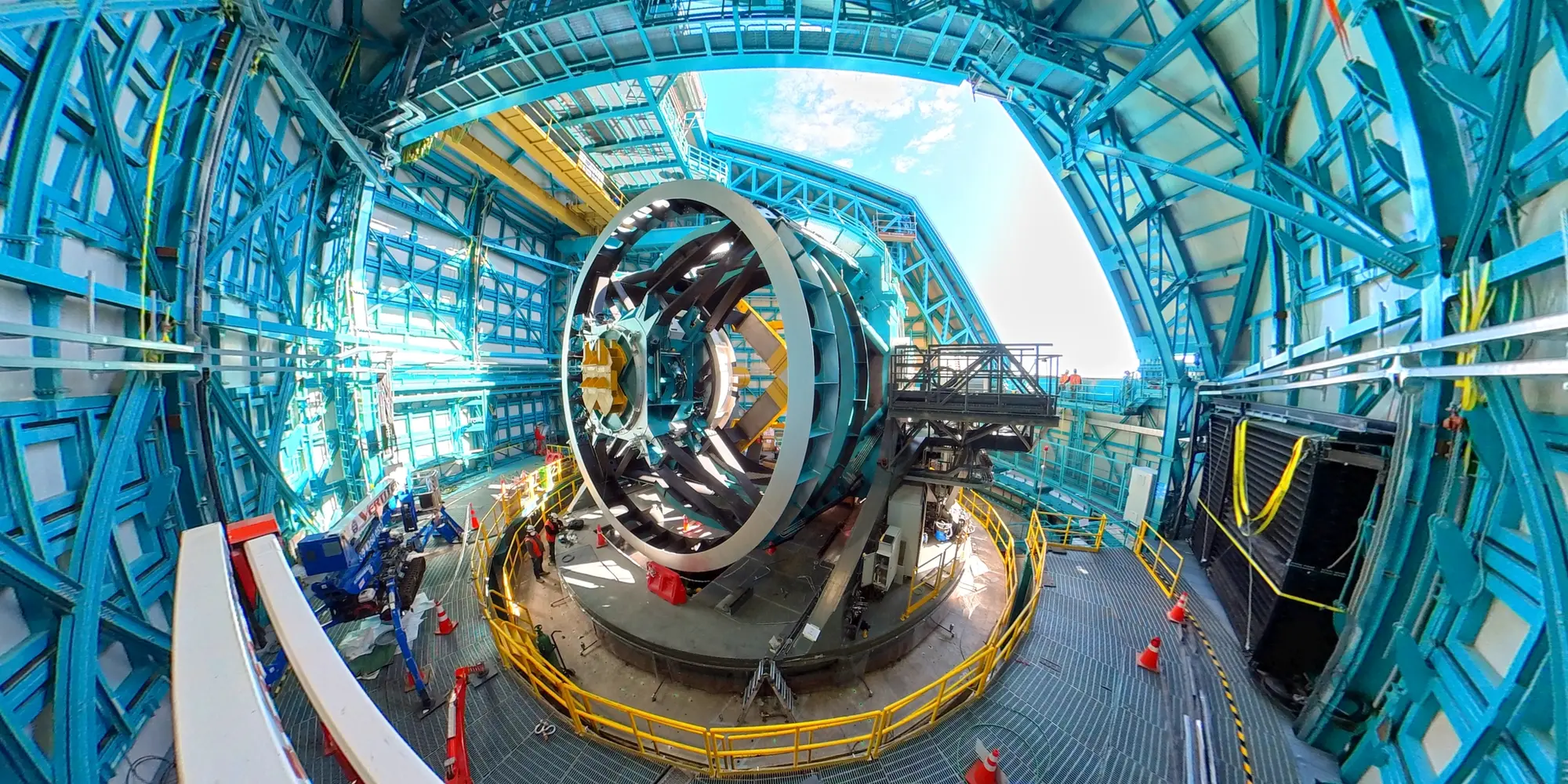 view of the telescope mount inside the dome of the Rubin Observatory