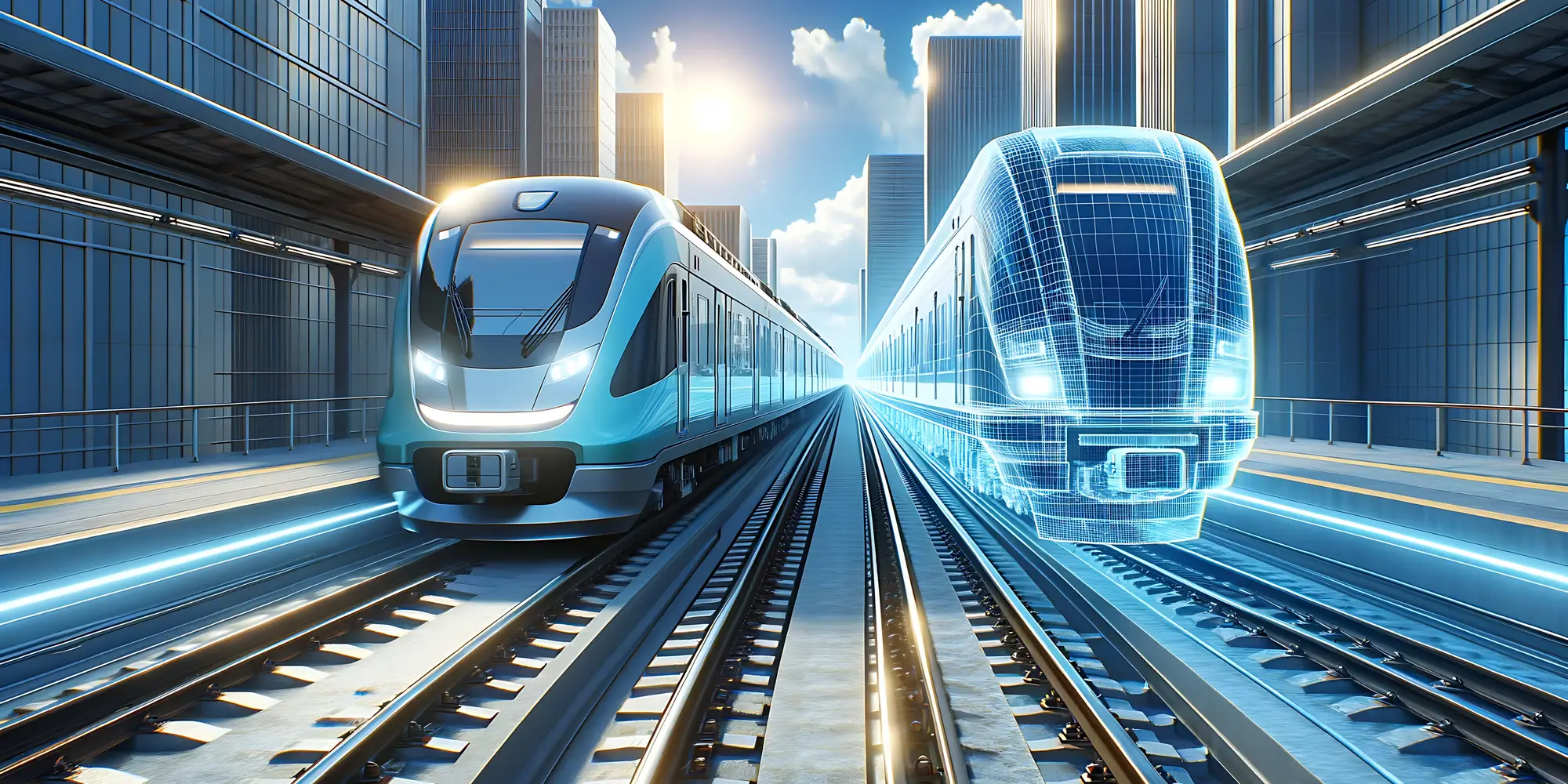 A train on tracks next to a 'digital twin' of itself.