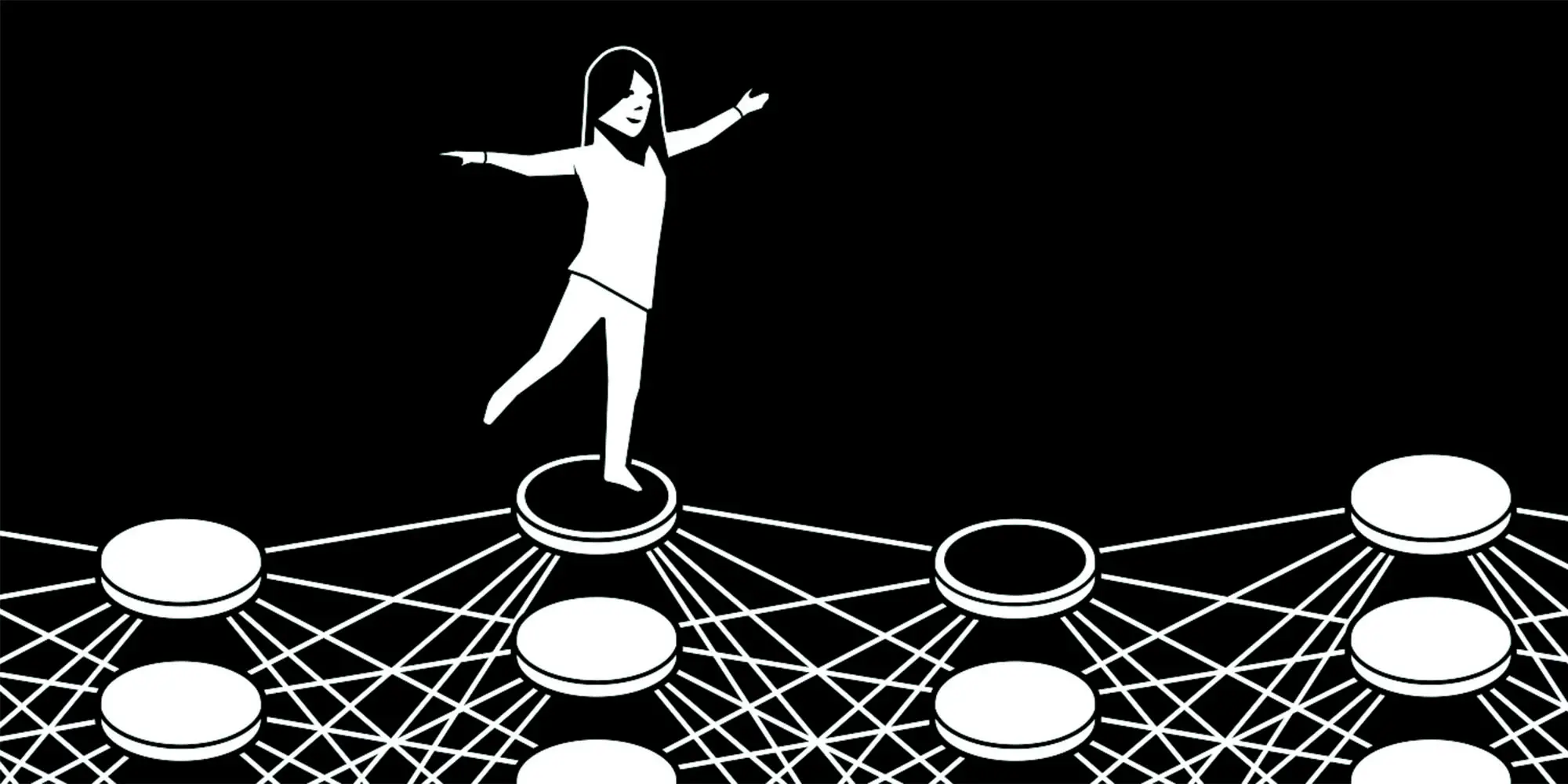 A black and white illustration of a person jumping from node to node in a connected series.
