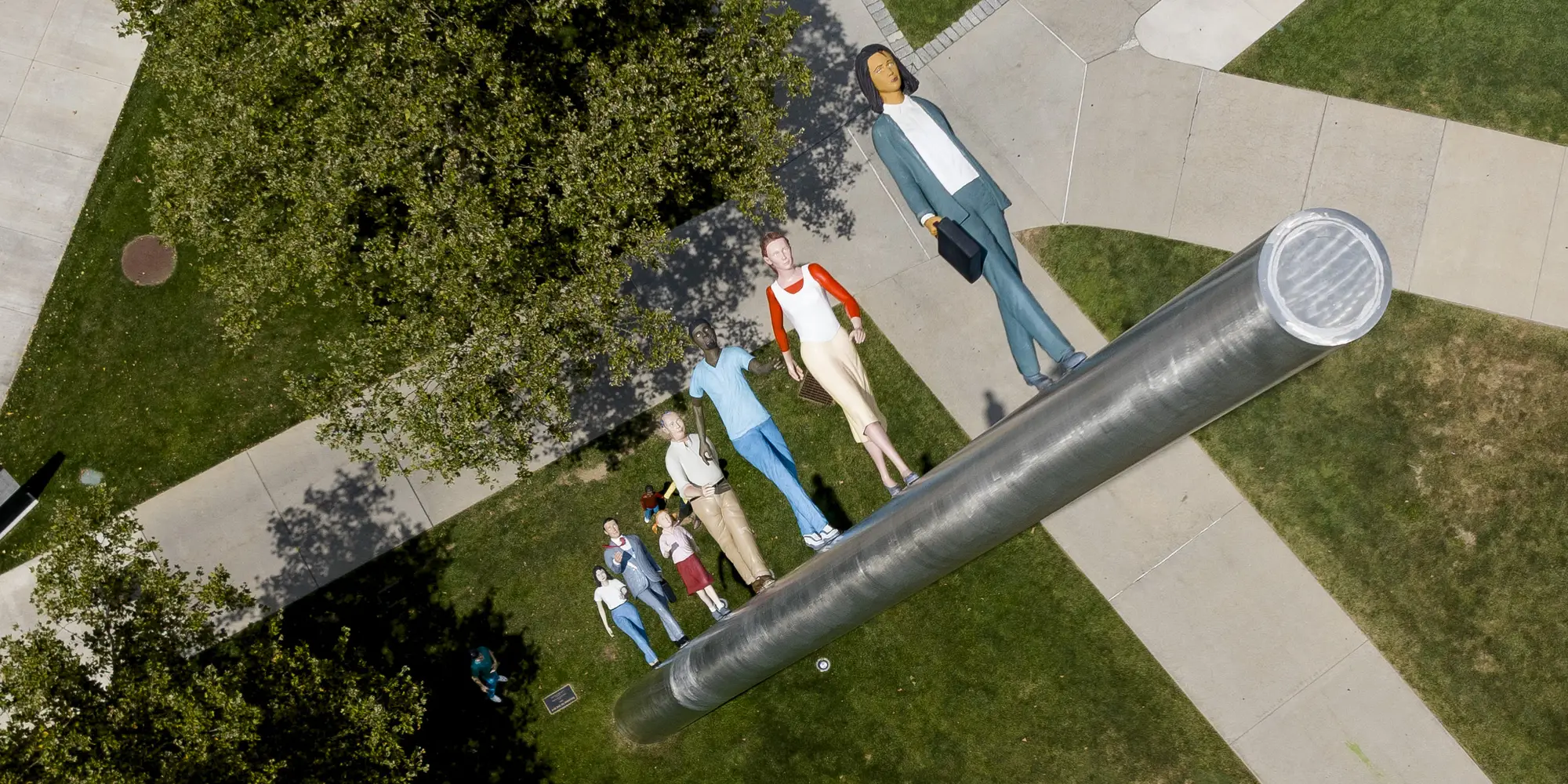 view of Walking to the Sky sculpture from drone above it