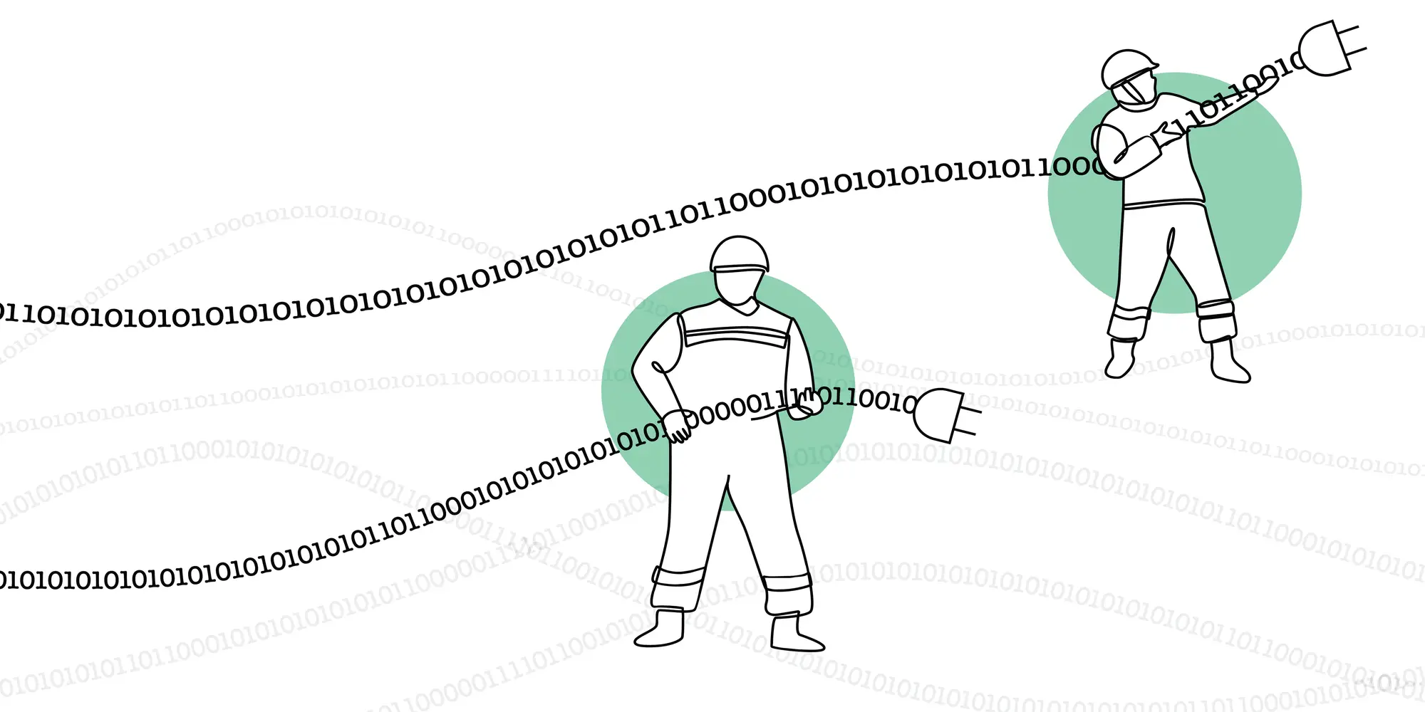 An illustration of researchers carrying binary lines of code.