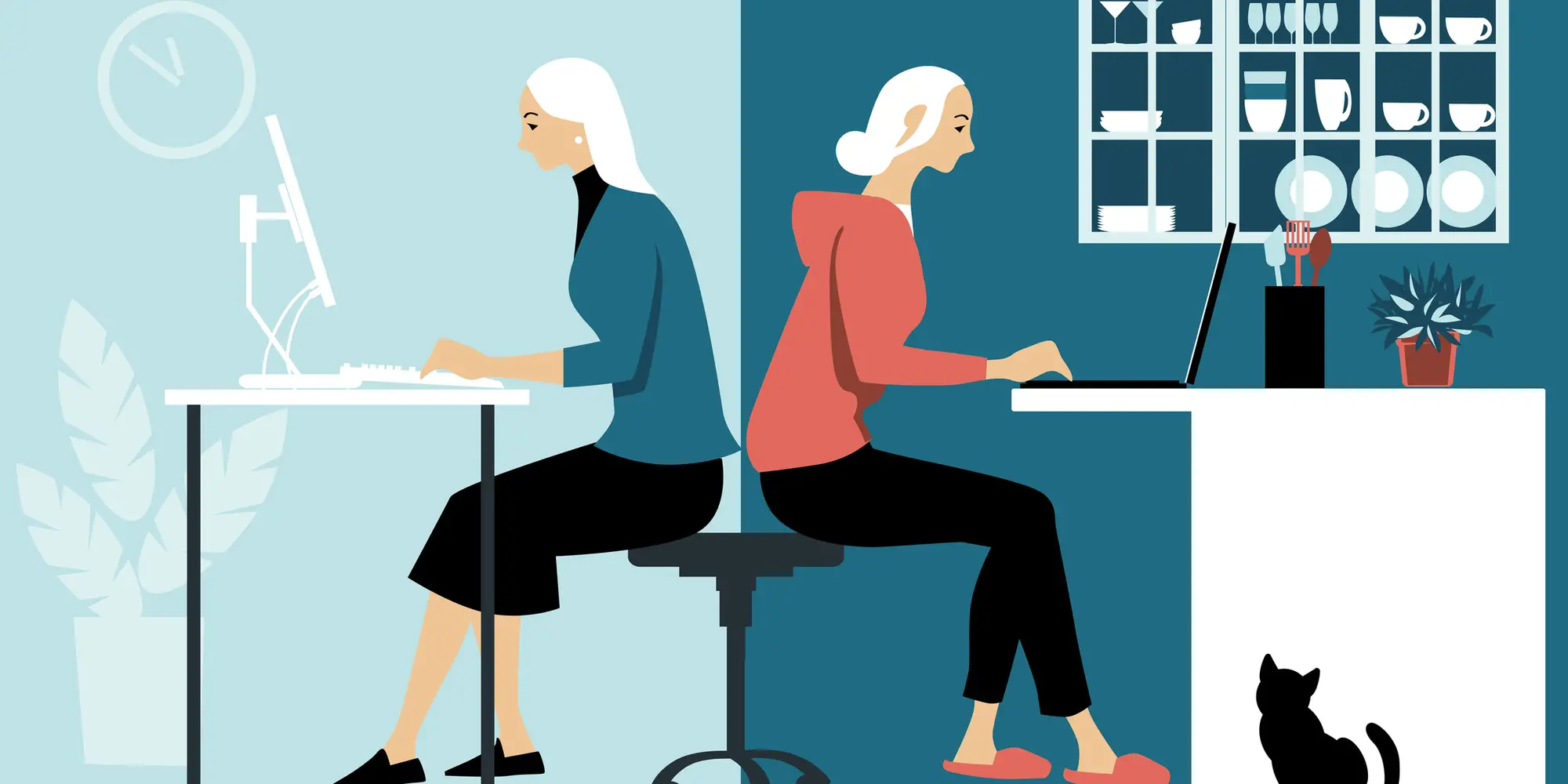 An illustration of two people working back to back, one in their home, the other in an office. 