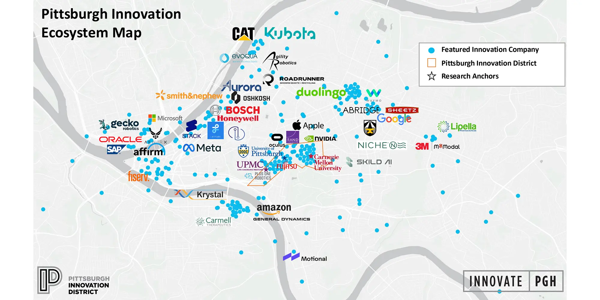 A map of Pittsburgh's Innovation Ecosystem displaying the various startups and companies throughout the city.