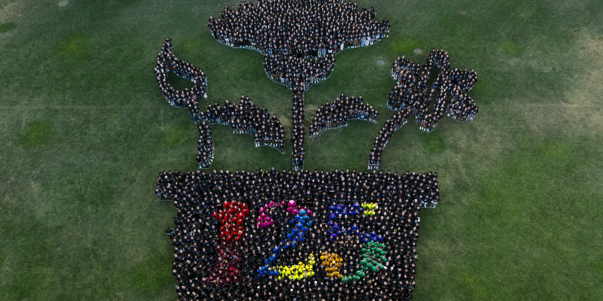 A large group of people photographed from above gather to form the shape of a potted flower with the number 125 on the pot. 