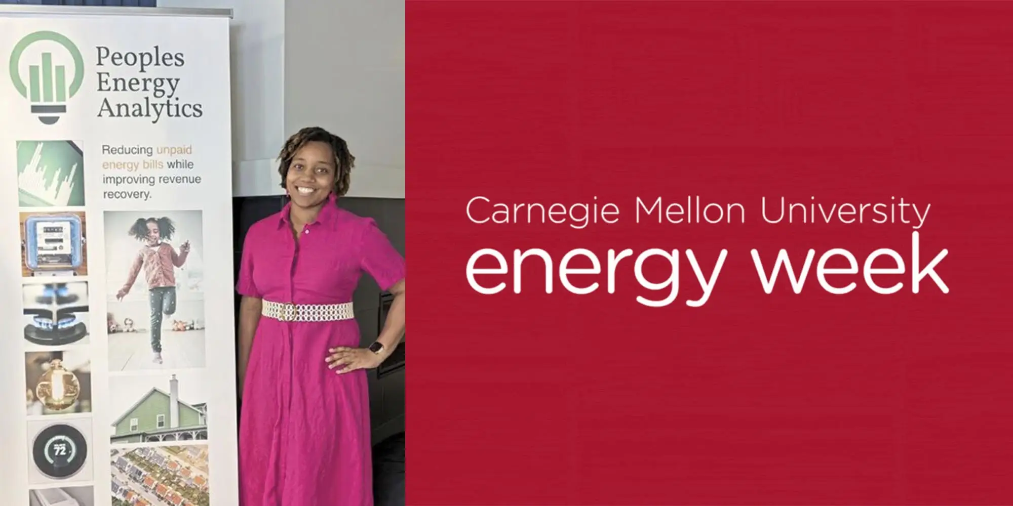 Destenie Nock next to a Peoples Energy Analytics sign/Carnegie Mellon University Energy Week