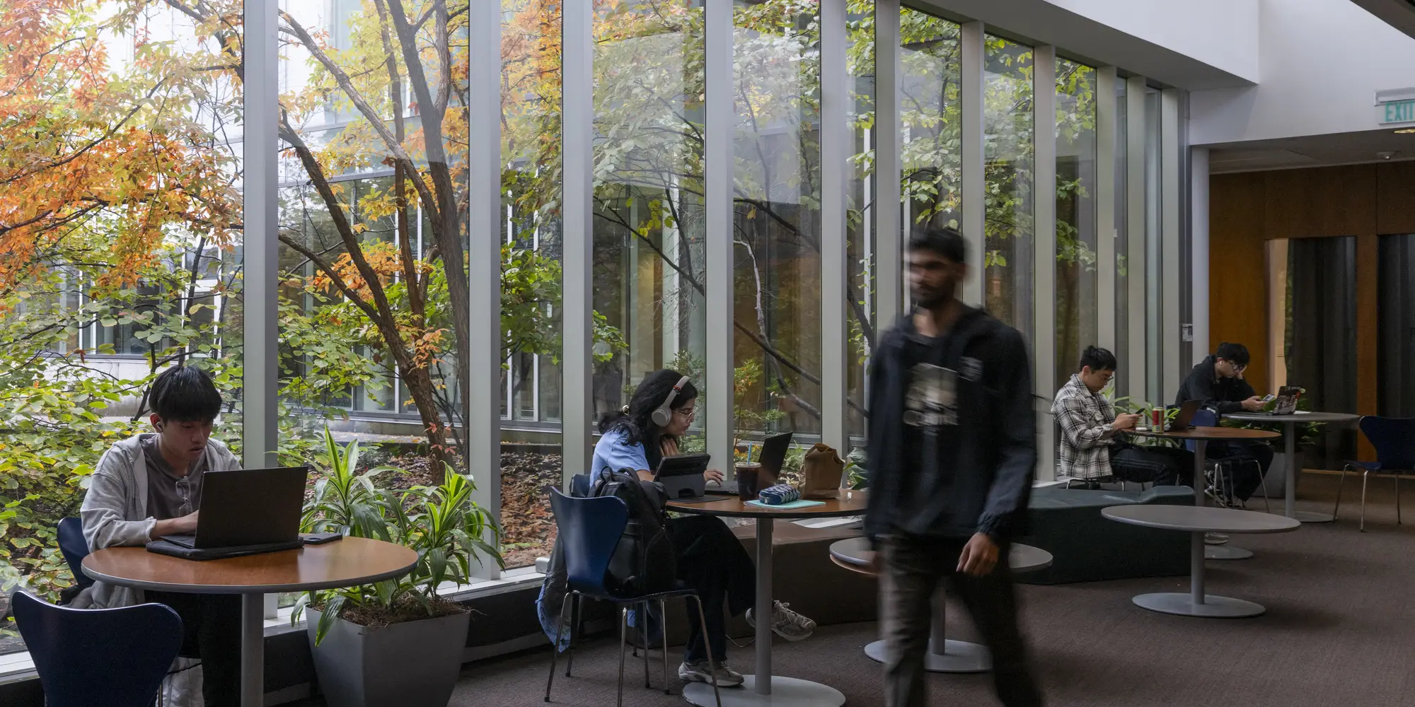 A student walks past a long window as other students study. 