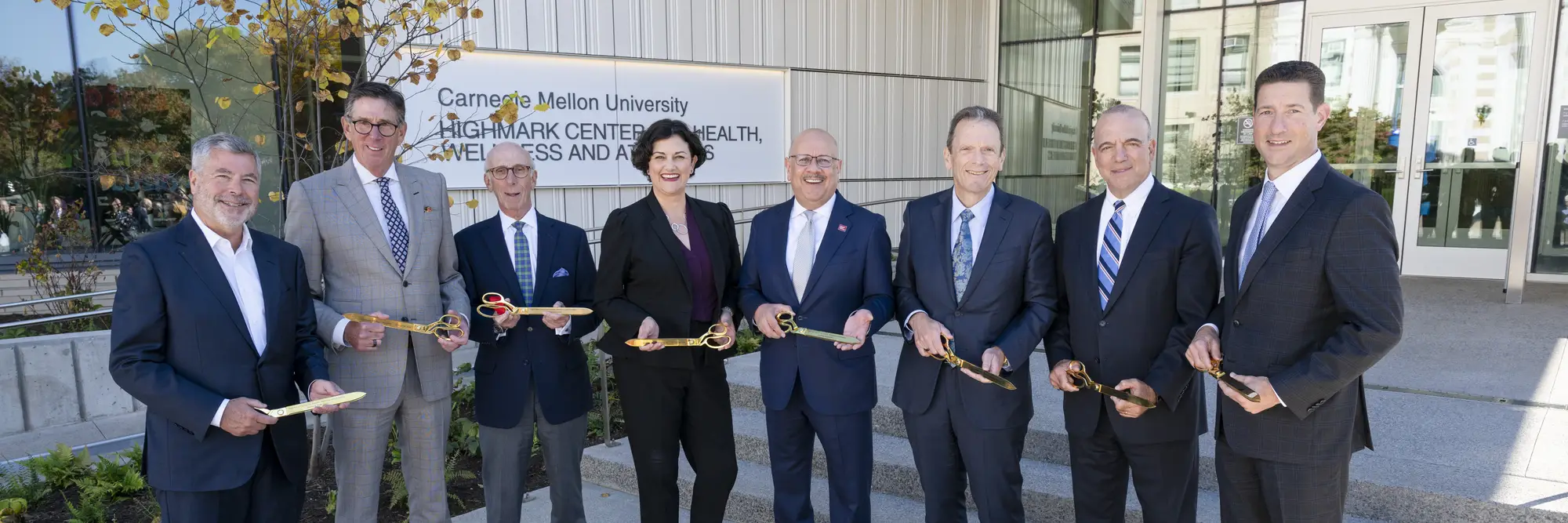 A group photo of the ribbon cutters at the Highmark Center for Health, Wellness and Athletics at Carnegie Mellon University.