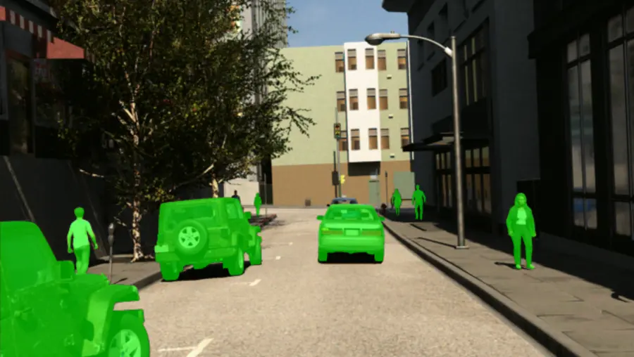 view looking downstreet as vehicles and pedestrians are glowing green