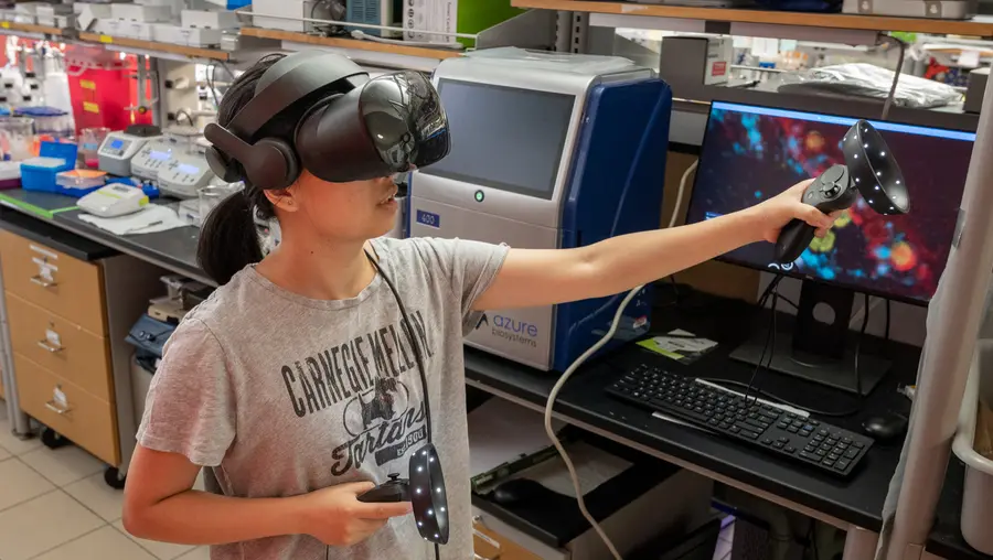 Zhangyu "Sharey" Cheng demonstrates ExMicroVR, an immersive virtual reality environment that allows scientists to collaborate and virtually explore biological data.