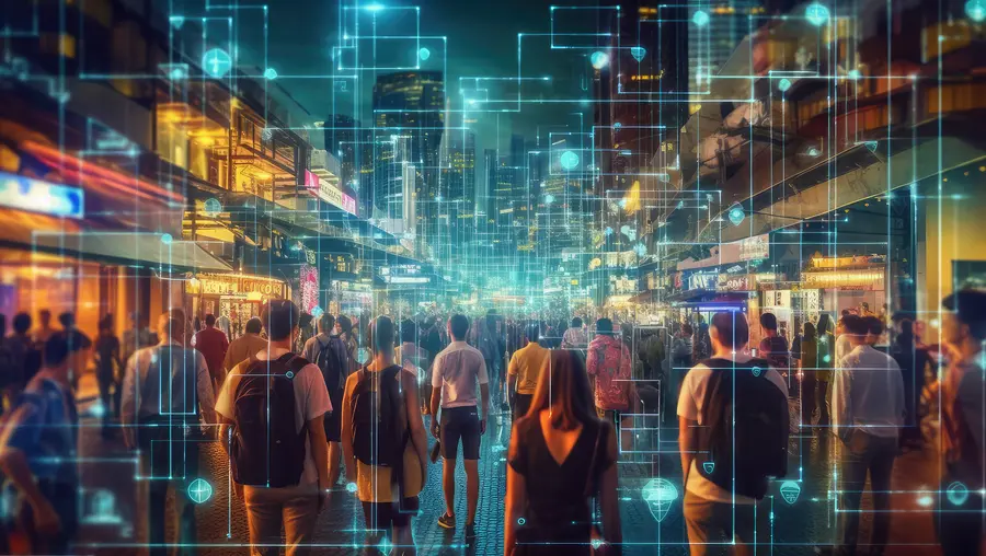 view from behind a group of people walking on a well lit city street at night 