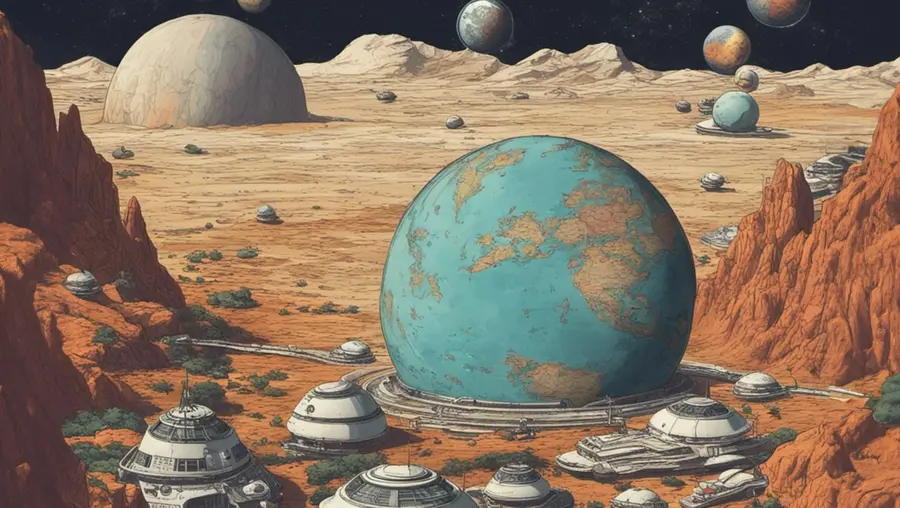 AI generated image of Earth embedded in the surface of another planet, buildings and roads surrounding it, with space and other planets in the background. 